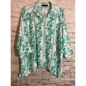 Como Black Top Womens 1X Kelly Green Tropical Florals Button Up Asymmetric Hem